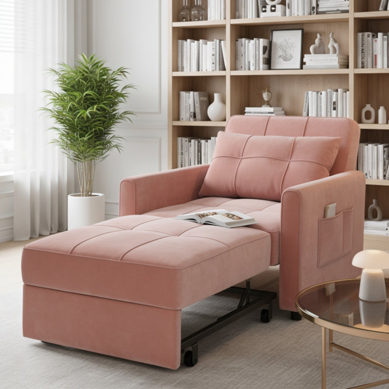 3-in-1 Convertible Pull Out Sleeper Chair, Adjustable Backrest 100°-180° Upholstered Single Sofa Bed with Side Pocket & Casters,Linen Accent Chair for Living Room Guest Room