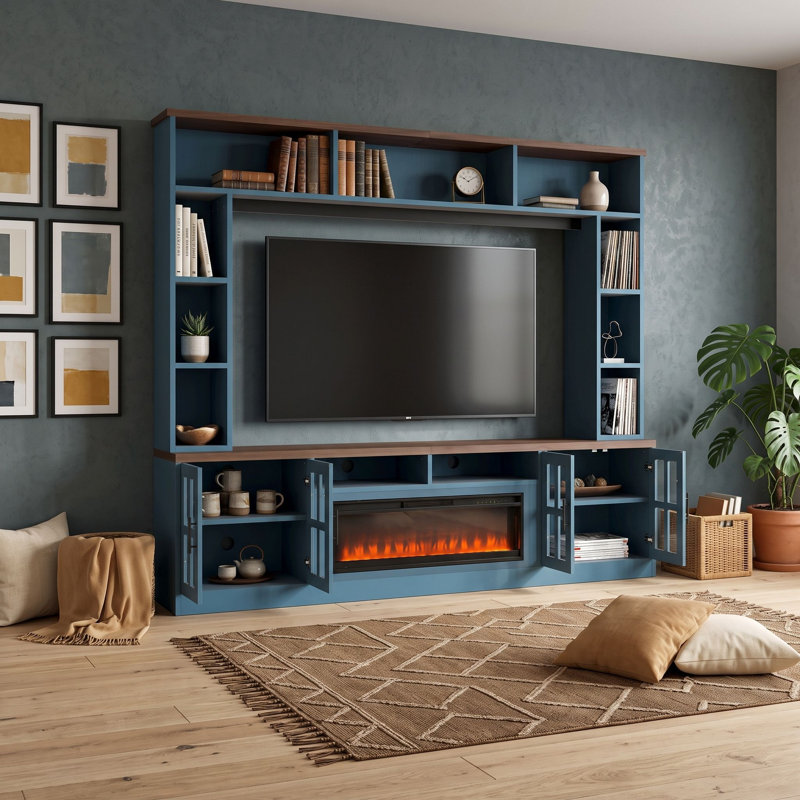 Meuble audio-vidéo mural pour téléviseur de 80 po ou moins avec foyer électrique, portes en verre trempé et tablettes réglables