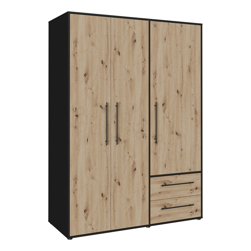 Mijah 3 Door Manufactured Wood Wardrobe, Matte Black/Oak