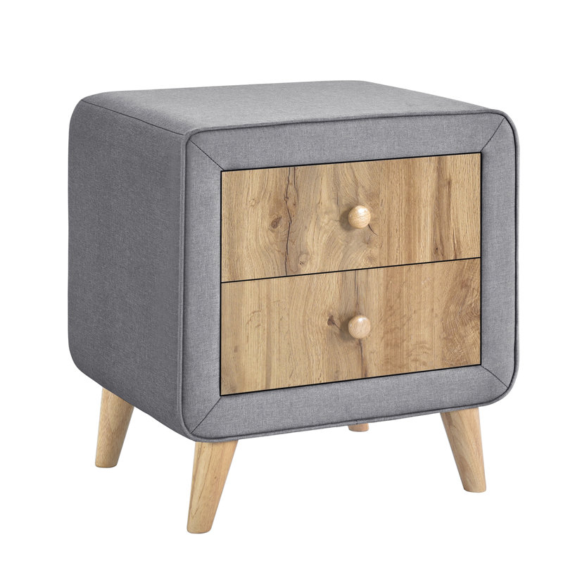 Table de chevet rembourrée en bois avec 2 tiroirs, table de chevet avec pieds en bois d'hévéa, Gris