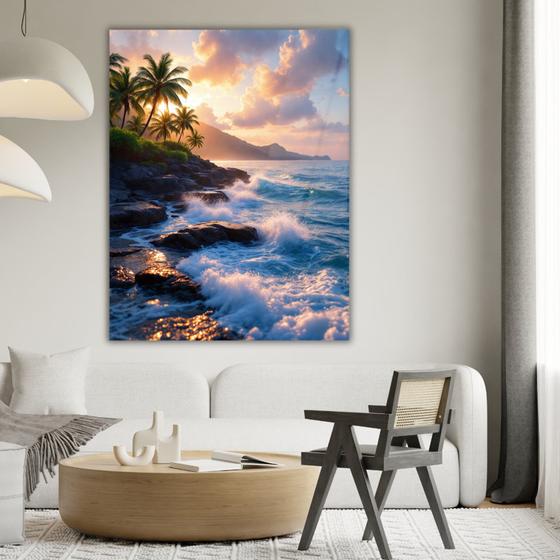 Art mural en verre trempé Tropical Beach Sunrise, 16" H x 12" W