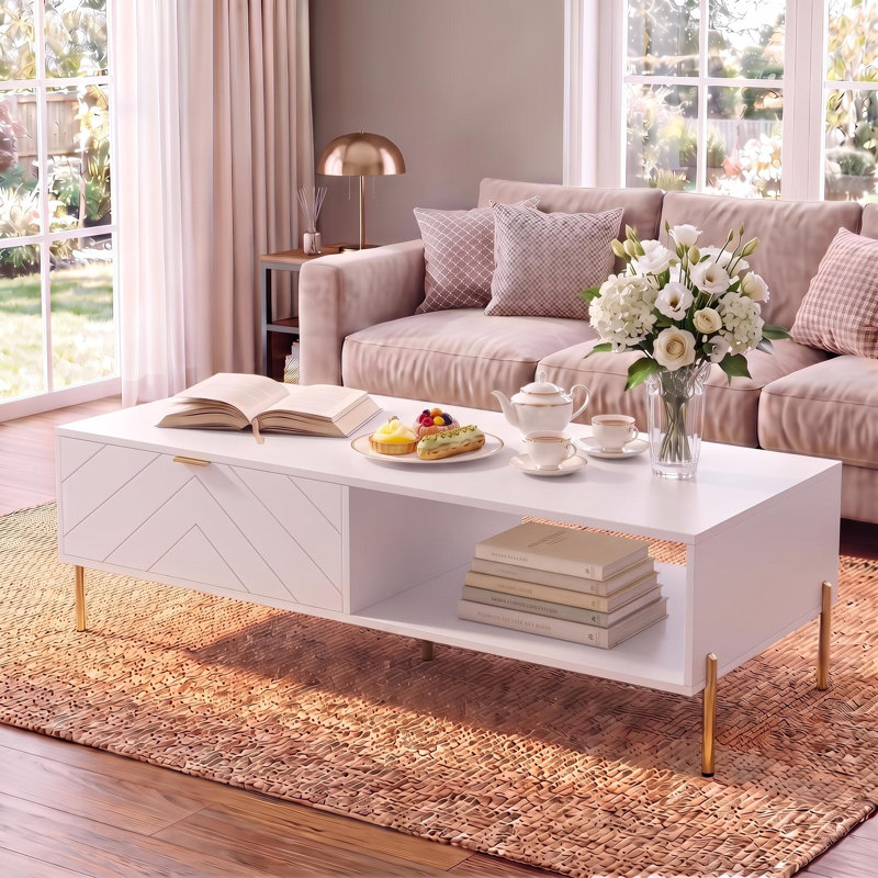 Mid-Century Modern Coffee Table with Double Drawers, White