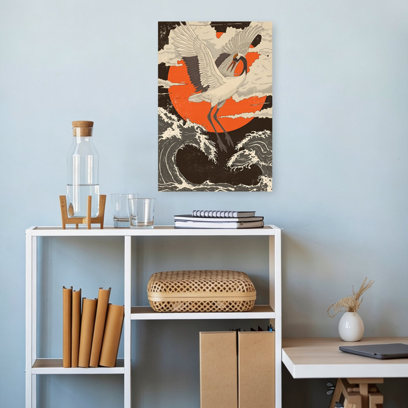 Japanese Crane Great Wave Contemporary Wall Art Print 1 Piece Wrapped Canvas Wall Art, 45.72cm H x 30.48cm W