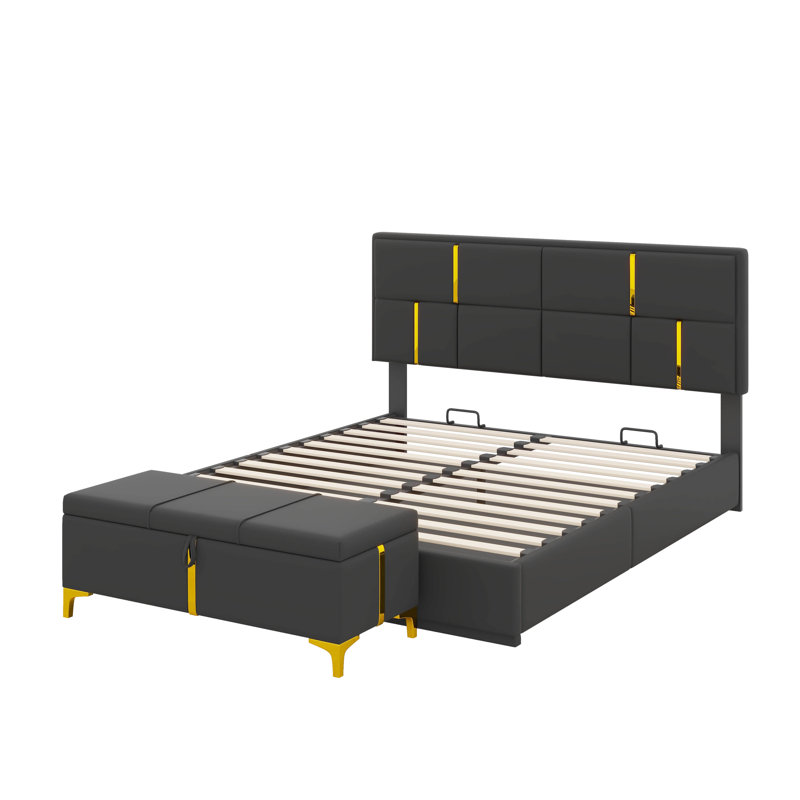 Ensemble de chambre à coucher 2 pièces avec lit plateforme tapissier et rangement relevable Opulent, Noir