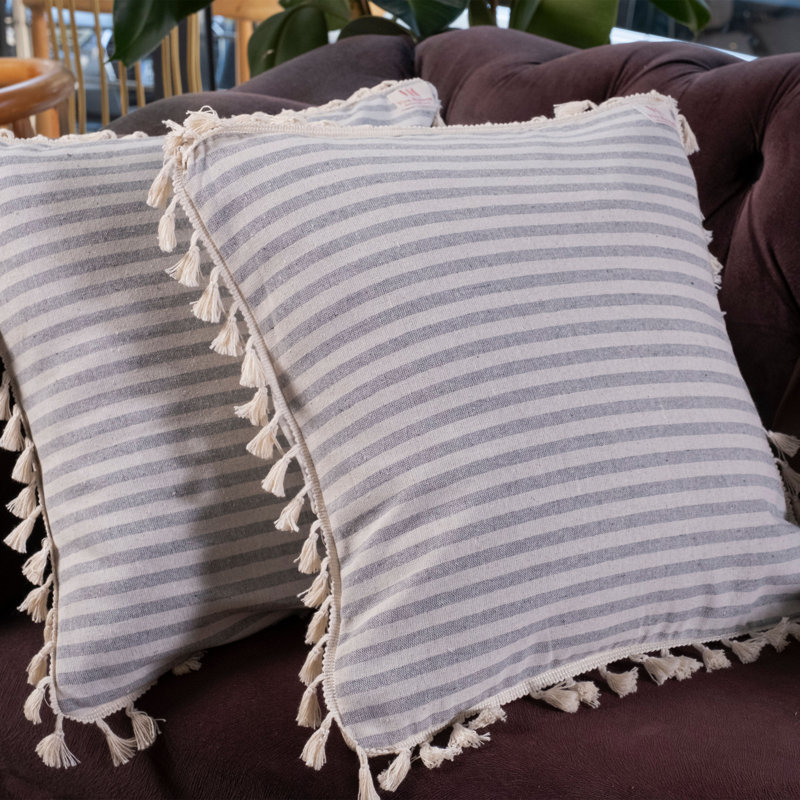 Arreguin Striped White Square Cushion Cover, Light Grey