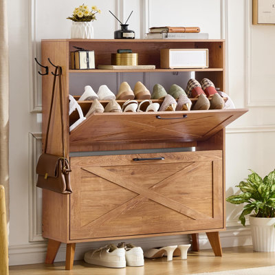Shoe Cabinet with Flip-Top Drawers & Hooks, Narrow Entryway Storage