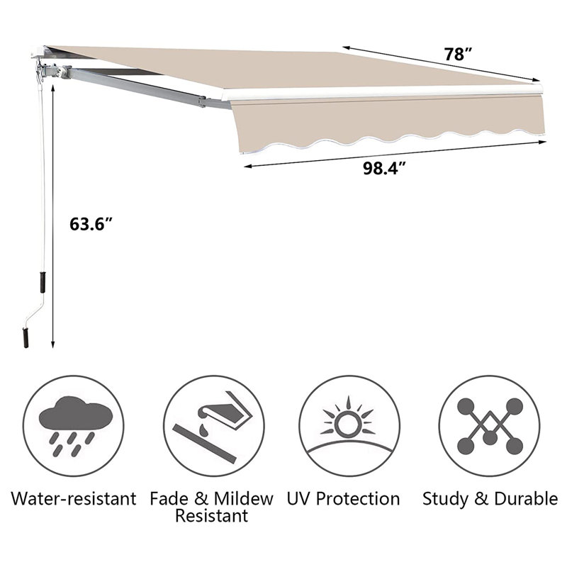 BESUNYST 63.6'' Fabric Cover Retractable Patio Awning, 63.6" H x 98.4" W x 78" D, Khaki