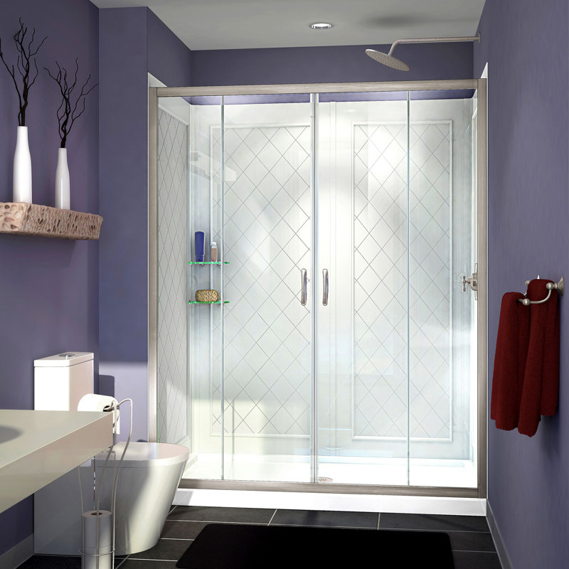 Visions 60" W x 32" D x 76.75" H Frameless Shower Door with Base Included, Brushed Nickel, Left