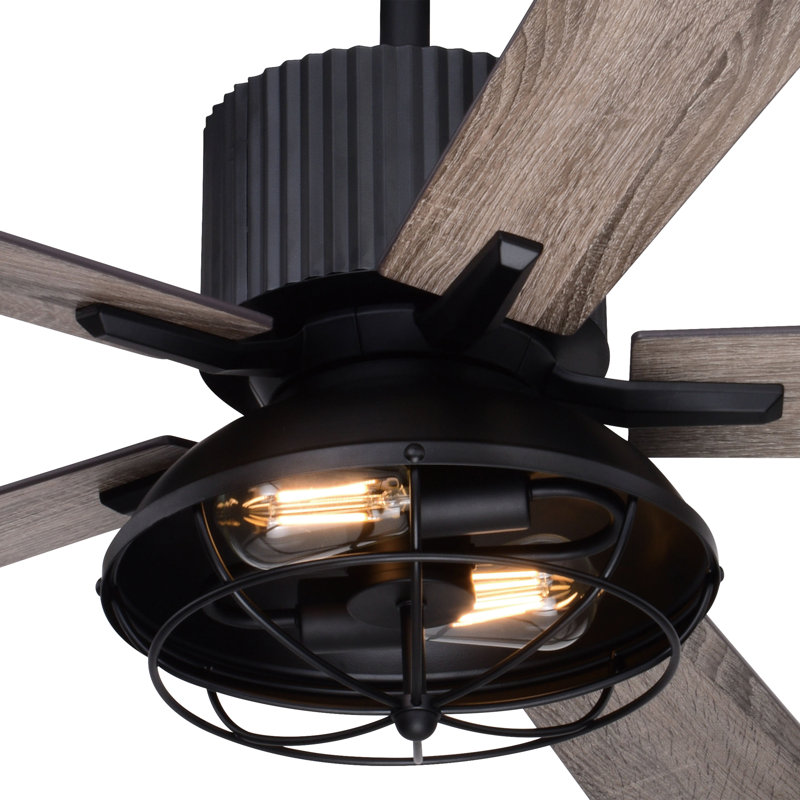Hassain 52 in. Black Indoor Rod Mount Industrial Ceiling Fan with Reversible Driftwood-Black Walnut Blades, Dimmable LED Light Kit and Remote Control Included, 3 Speeds, Black Metal Cage Shade