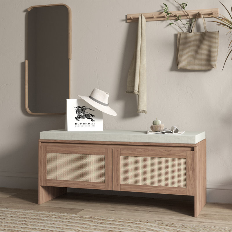 PP Rattan Bench With Storage,Faux Rattan Shoe Cabinet With 2 Doors,Farmhouse Shoe Bench For Living Bedroom,Natural