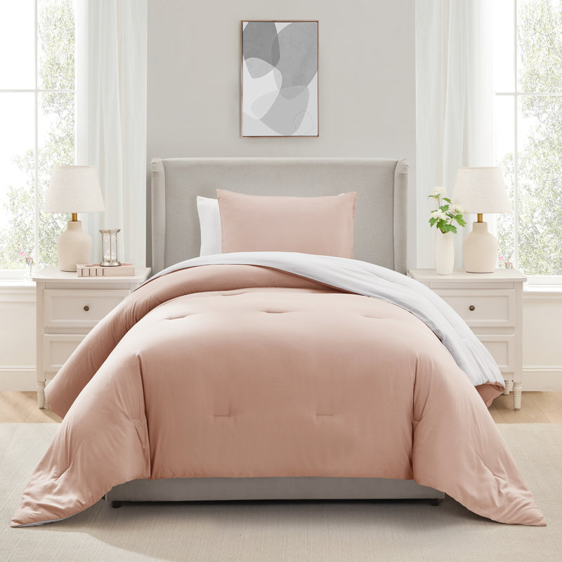 Ensemble d'édredon réversible ultra doux 2 pièces, Lin / Blanc, Édredon pour lit simple + 1 taie décorative stan