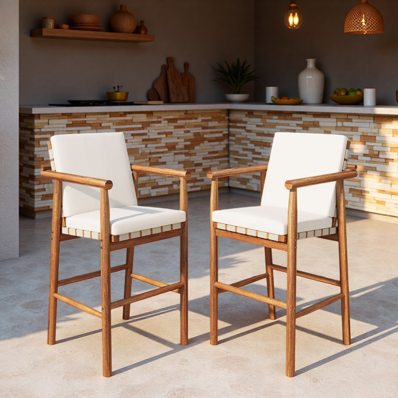 Set Of 2 Outdoor Bar Stools Chair With Backrest Arm And Webbing Seat