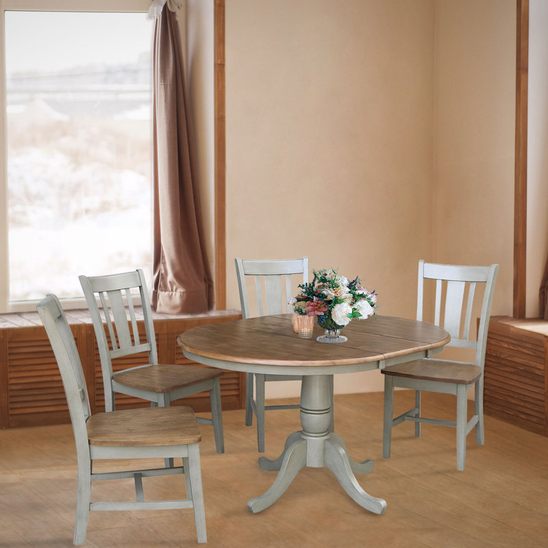 Ewalt 4 - Person Extendable Solid Wood Top Pedestal Dining Set, Hickory/Stone, 5
