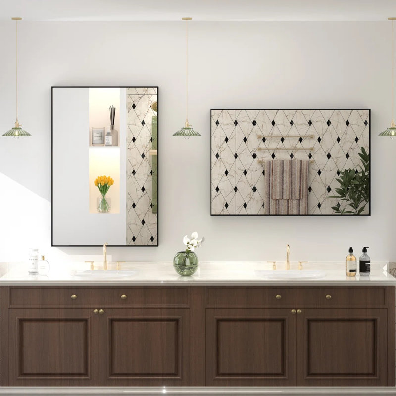 Aevar High-Strength Tempered Glass and Aluminum Alloy Framed French Cleat Mounted Wall Mirror, 36" x 24"