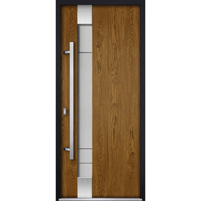 Front Exterior Prehung Steel Door / Deux 1713 Natural Oak / Stainless Inserts Single Modern Painted-W36" x H80"-Right-hand Inswing