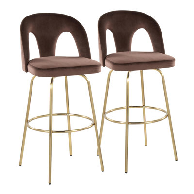 Tabouret de bar à hauteur fixe avec pivot en métal doré et velours espresso avec repose-pieds rond en métal doré - ensemble de 2