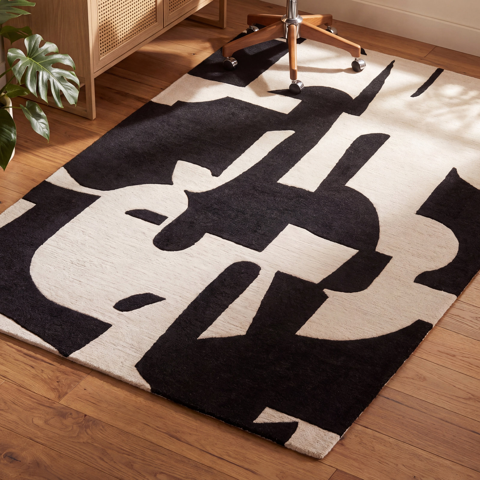 Black Cream Hand-Tufted Abstract Rug, Rectangle 9' x 12'