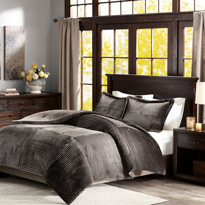 Full/Queen Comforter With Down Alternative, Ribbed Texture And Appearance, Solid Reverse For Relaxing Sleep, 1 2 Shams, Machine Washable, Brown Grey Alternative , Face To Enhance Look, Sleep Warmth,