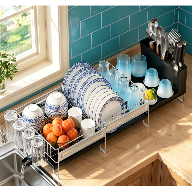 Grand égouttoir à vaisselle en acier inoxydable multifonctionnel avec porte-gobelets à couverts extensible pour comptoir de cuisine