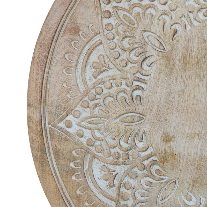 Table d'appoint décorative, plateau rond de 24 po, motifs floraux découpés en bois de manguier, blanc délavé