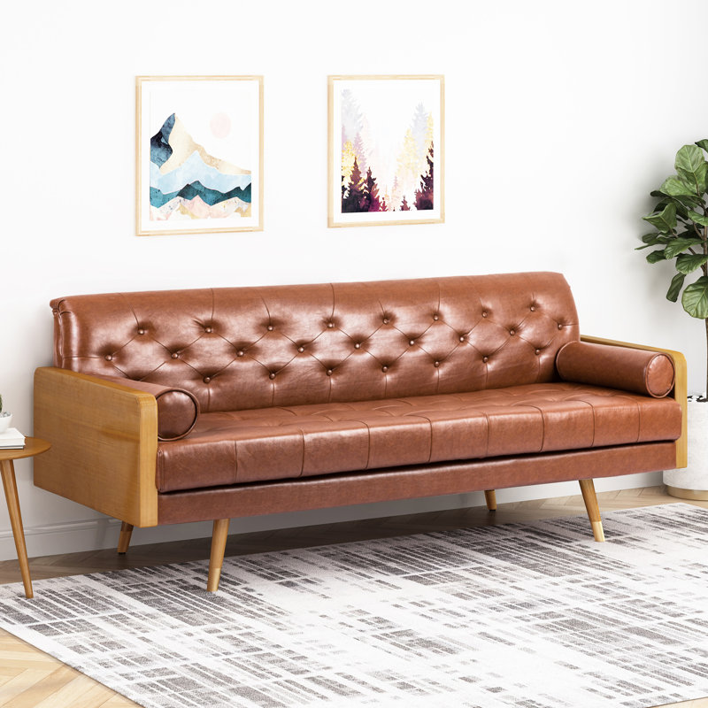 Brun Mid-Century moderne avec, l 72,68 po x P 30,5 po, H 32,09 po, revêtement en polyuréthane, coussins décoratifs roulés, coutures gaufrées pour le salon, tissu, pieds évasés