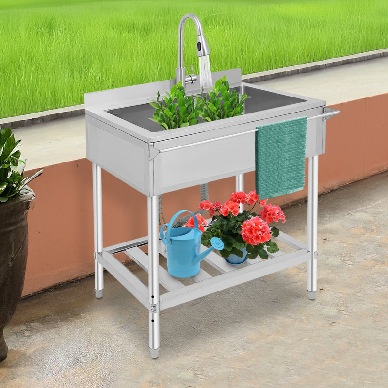 Stainless Steel Free Standing Kitchen Sink With Pull-Out Faucet, Silver