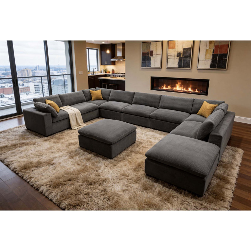 Grain de café modulaire entièrement rembourré avec coussins décoratifs, Mélange de polyester - gris clair