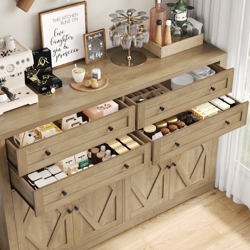55.1" W Sideboard with 4 Drawers, Thickened Desktop, Oak