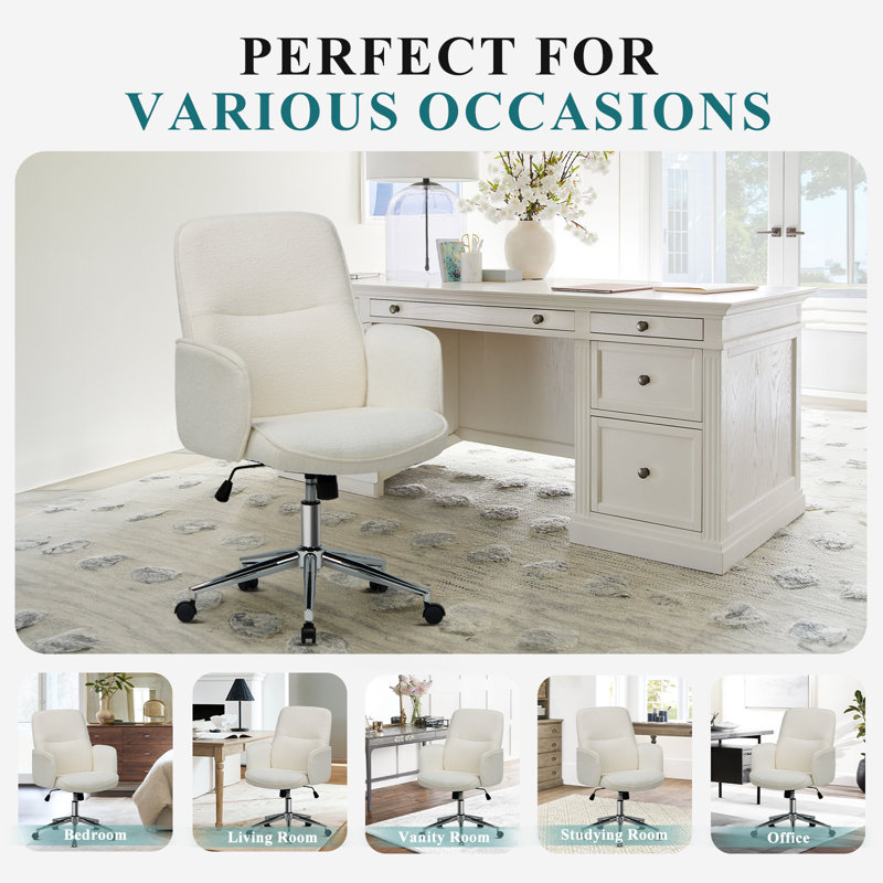 Comfy Upholstered Fabric Computer Desk Chair with Armrests and Wheels, Beige