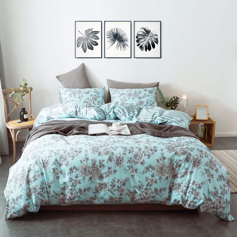 Green Floral and Stripe 3-Piece Cotton Queen Duvet Cover Set