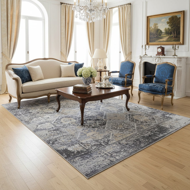 PAYAS Collection Grey / Blue Traditional Area Rug, Rectangle 5'3" x 7'6"