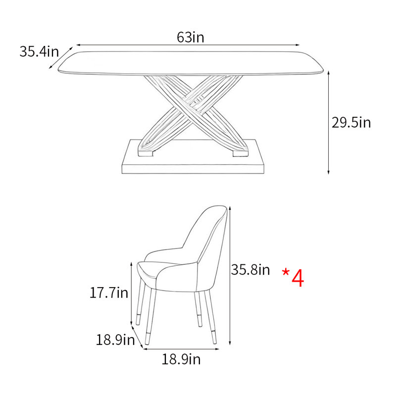 Modern luxury rectangular dining table sets, 29.5"H x 63"L x 35.4"W