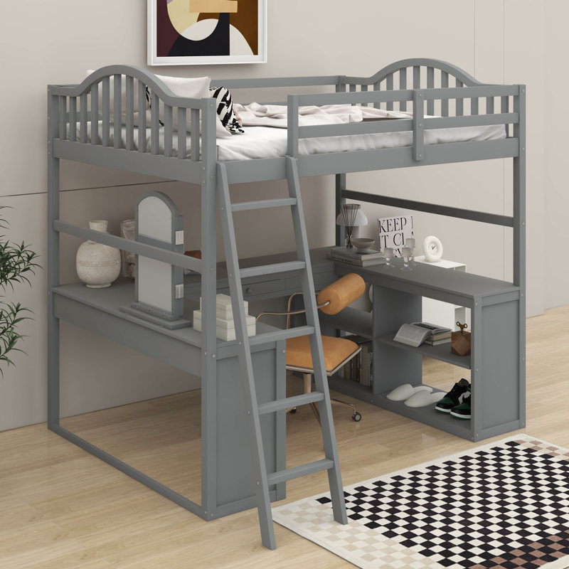 Lit mezzanine double en bois avec bureau, gris