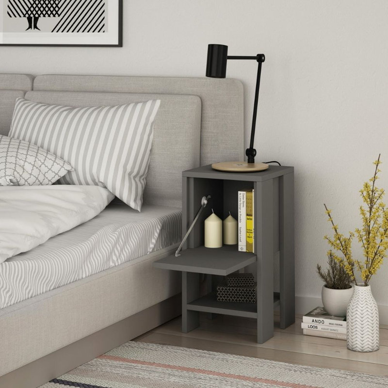 Atharv Bedside Table with Drop-Door Storage and Open Shelf for Versatile Living, Anthracite