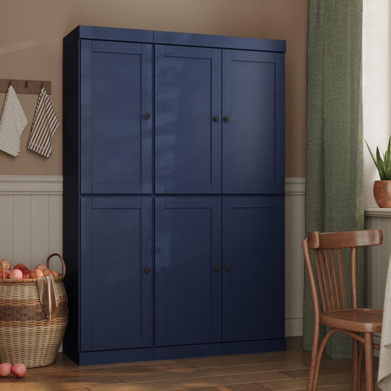 Garde-manger 100% bois massif 48,5 po avec portes Shaker, 2 tiroirs et tablettes réglables, Marine