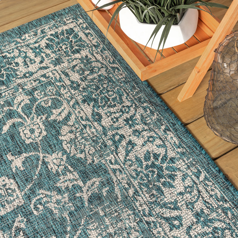 Leonora Bohemian Textured Weave Floral Teal/Gray Indoor/Outdoor Rug, Runner 2'2" x 10'