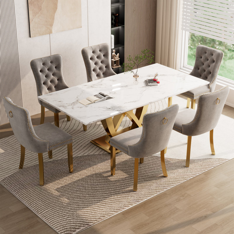 Ensemble de table de salle à manger 70 "pour 6 personnes avec 6 chaises rembourrées, Gris, Doré