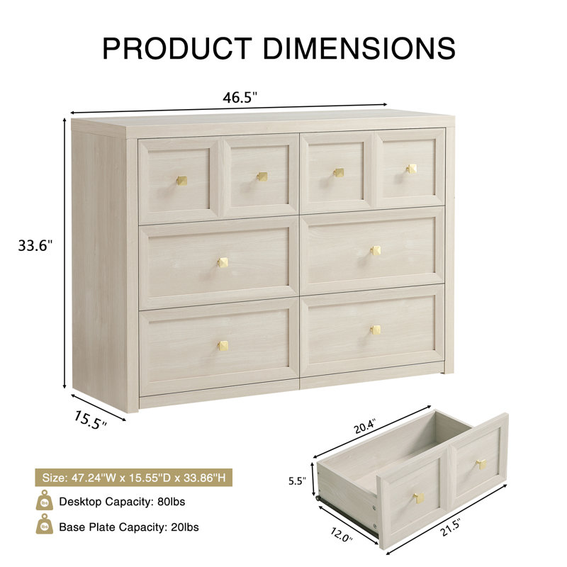 6 Drawers Dresser Cabinet,  White, 47 inch Width Wood Chest of Drawers ,Dresser Organizer, Beige