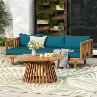  Acacia Wood Patio Set, 3-Seater Daybed with Water-Resistant Cushions & Round Coffee Table, Dark Teal