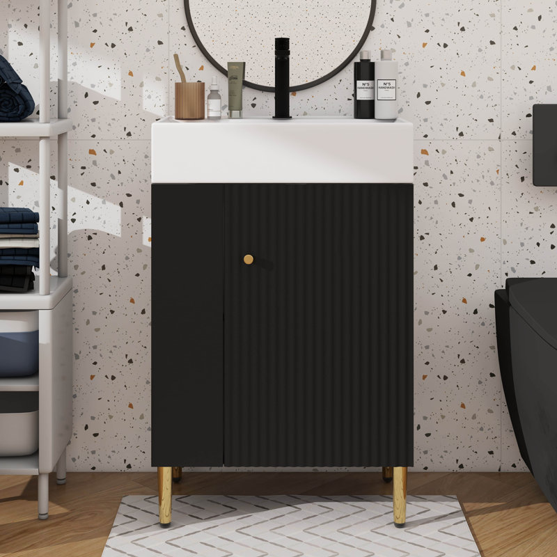 Ensemble de meuble-lavabo sur pied autoportant 21,6 pouces avec pieds en métal et rangement à gauche, Noir, Doré