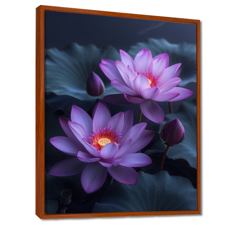 Fleurs de lotus mauves et grises - art mural Lotus, Cadre flottant brun, H 12 po x l 20 po