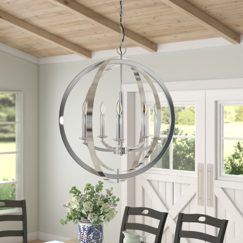 Lustre sphérique unique à 5 lumières Anihya, Nickel satiné