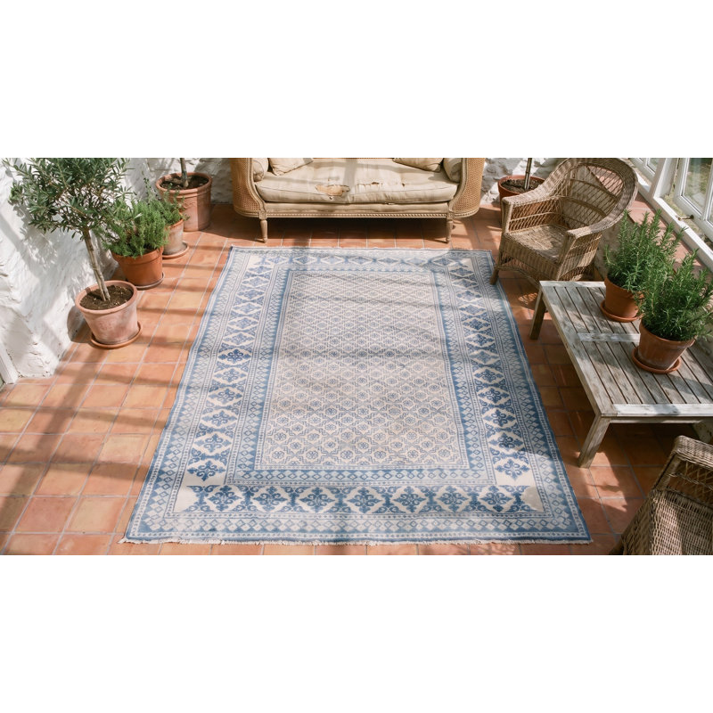 Small Allover Geometric White Blue Color Antique Cotton Pile Indian Agra Rug