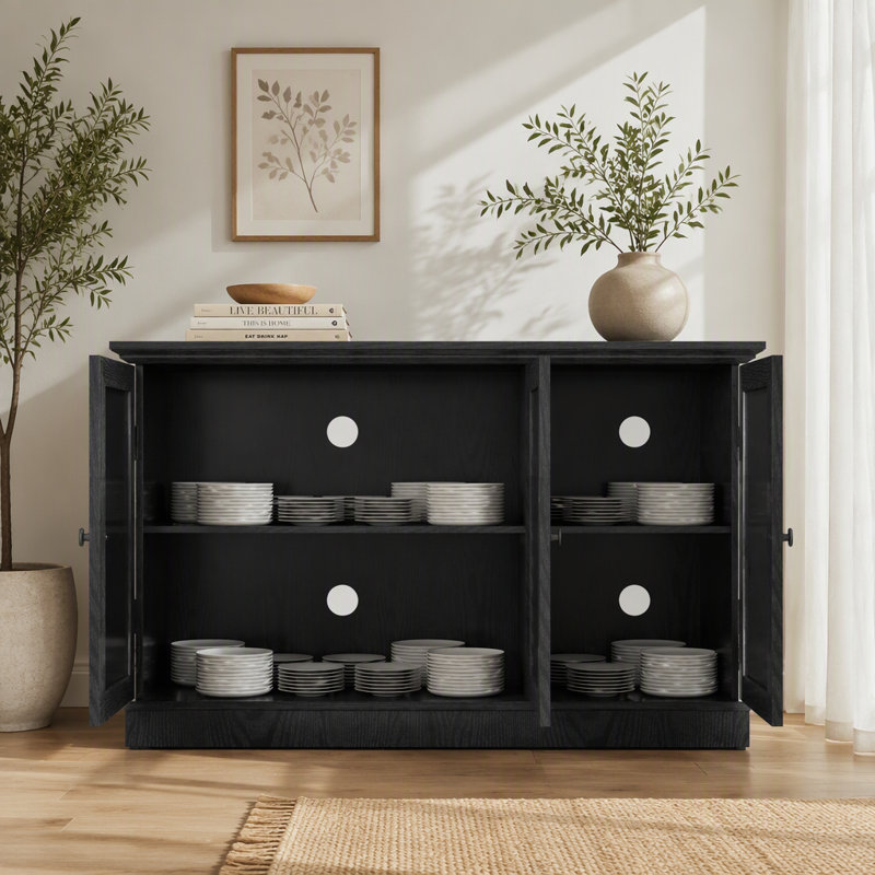Meuble de rangement de 114 cm de large avec 3 portes en acrylique miroir, buffet avec étagères réglables, revêtements décoratifs en stratifié et panneau en MDF avec porte magnétique