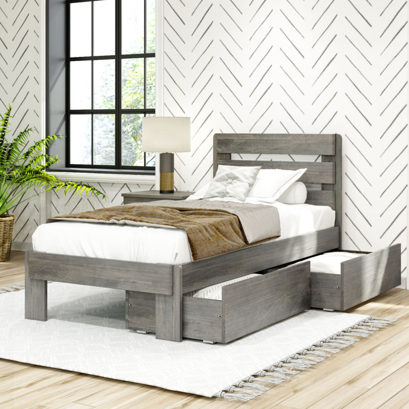 Lit plateforme 2 tiroirs Decimus, Bois flottant, Simple