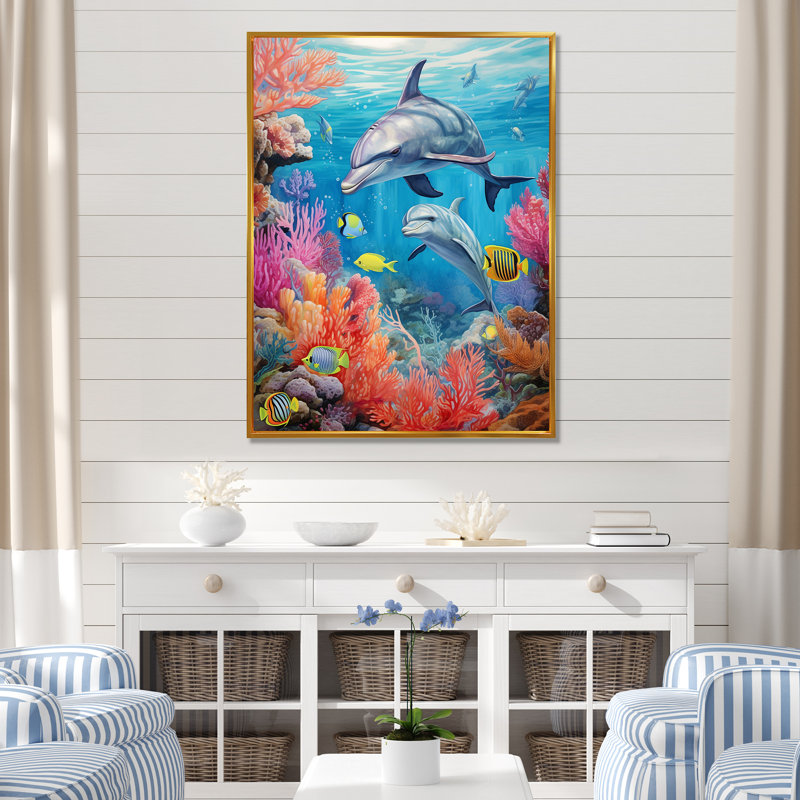«Dolphin Family Ocean Ballet» sur toile, Cadre flottant doré, H 32 po x l 16 po x P 1 po