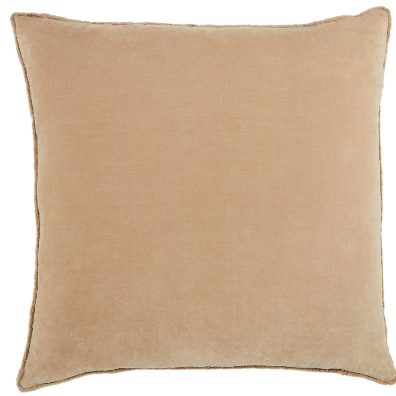 Tan Cotton Square Embroidered Throw Pillow with Fringed Edges