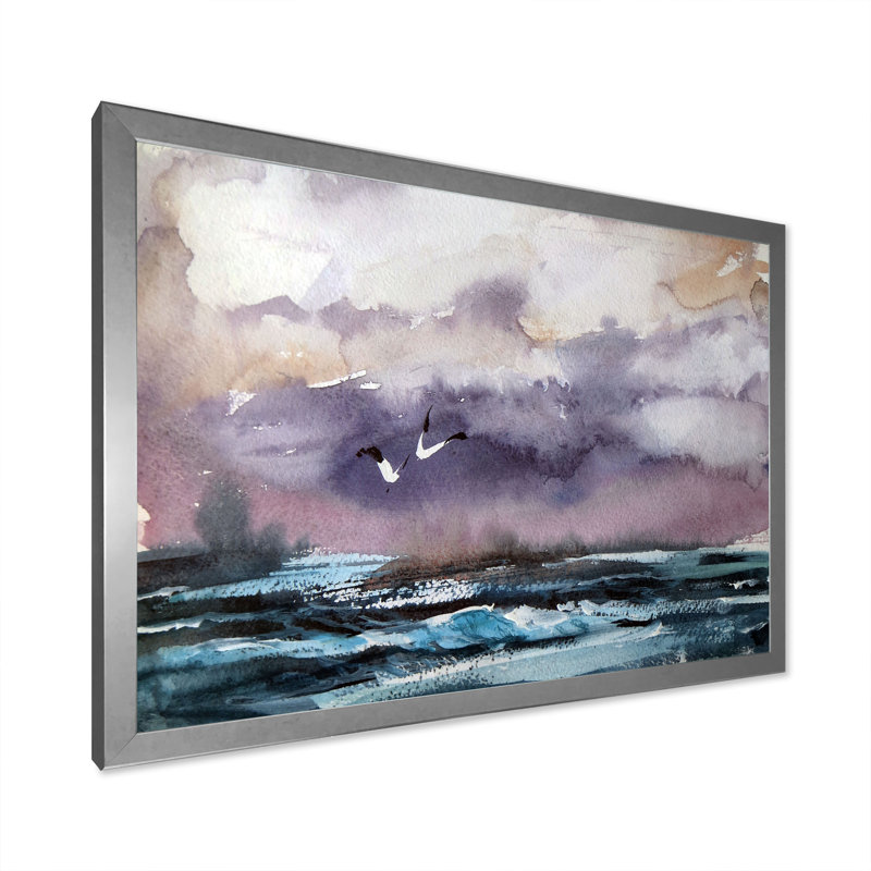 Vague et goélands - Peinture sur toile, H 16 po x l 32 po x P 1 po, Cadre photo argenté