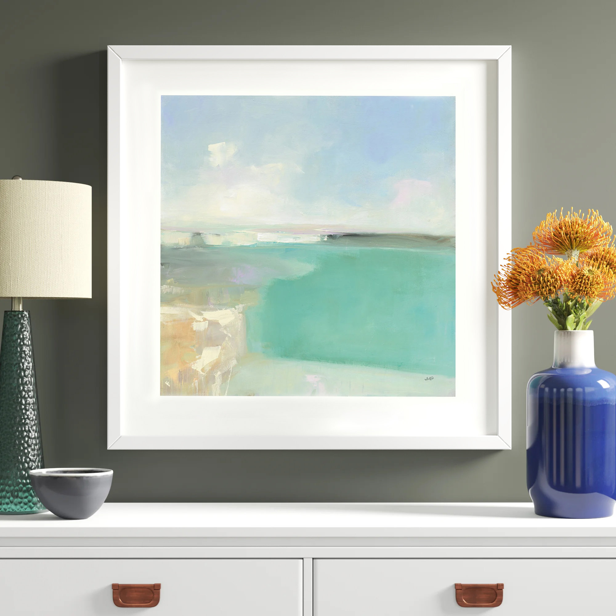Summer Coastline by Julia Purinton, 19" H x 19" W, White Framed Paper
