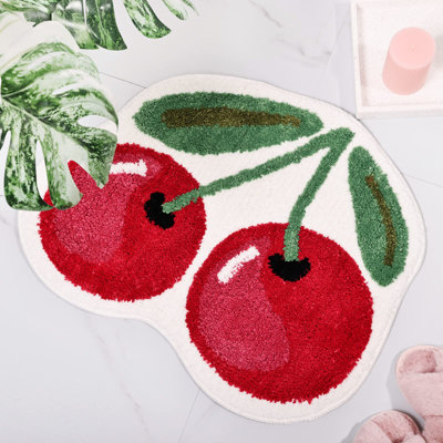 Tapis de bain en cerisier, tapis de baignoire mignons pour le salon et la chambre à coucher, tapis de salle de bain luxueux en forme de fruits Funky, tapis de douche en peluche lavables et antidérapants